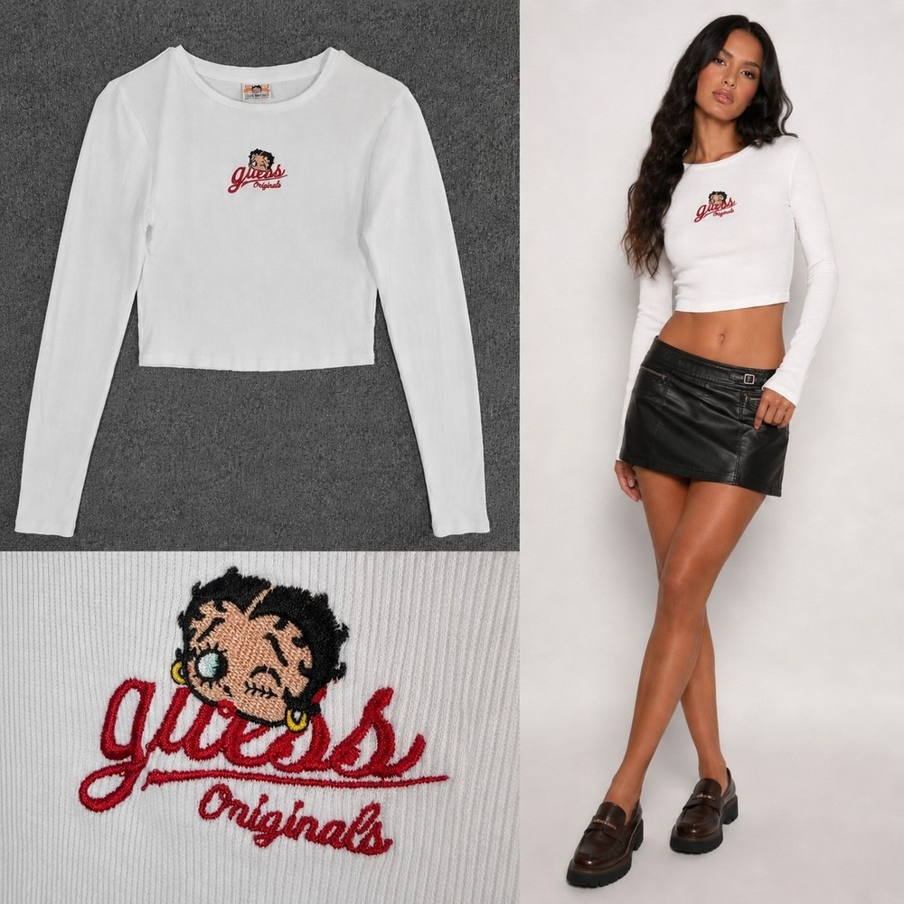 Guess x Betty Boop Ribbed Crop Top L White Embroidered Baby Tee Long Sleeve Y2K
